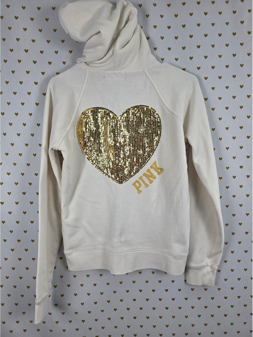 Victorias Secret Pink Vintage thermal Heart Bling gold sequined Full zip hoodie